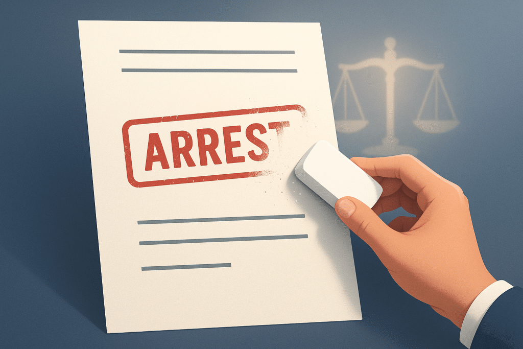 Illustrated picture of a hand erasing reporting of arrests on a background check document